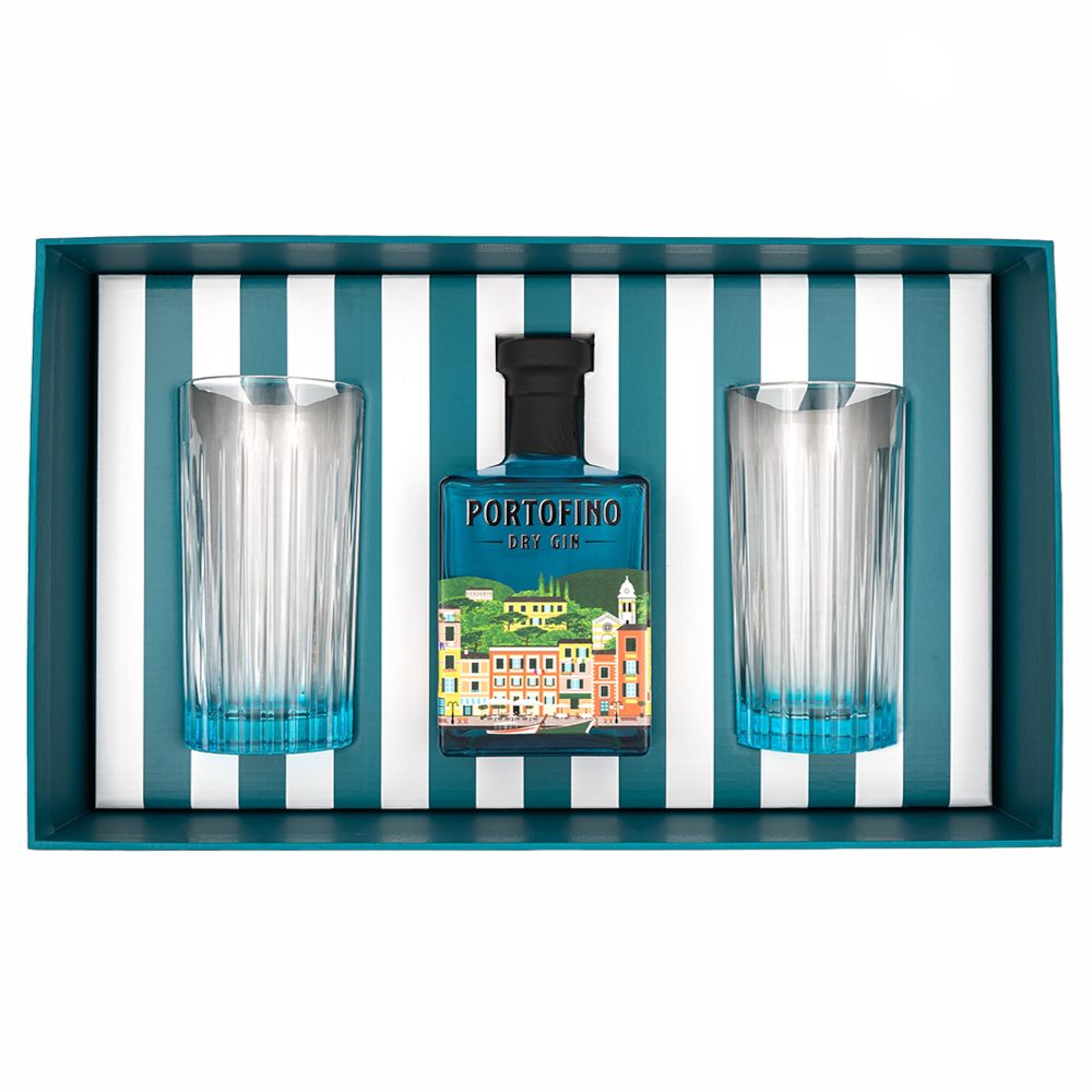 Gin Portofino Dry Gin – zestaw La Dolce Vita (500 ml, 2 wysokie szklanki)