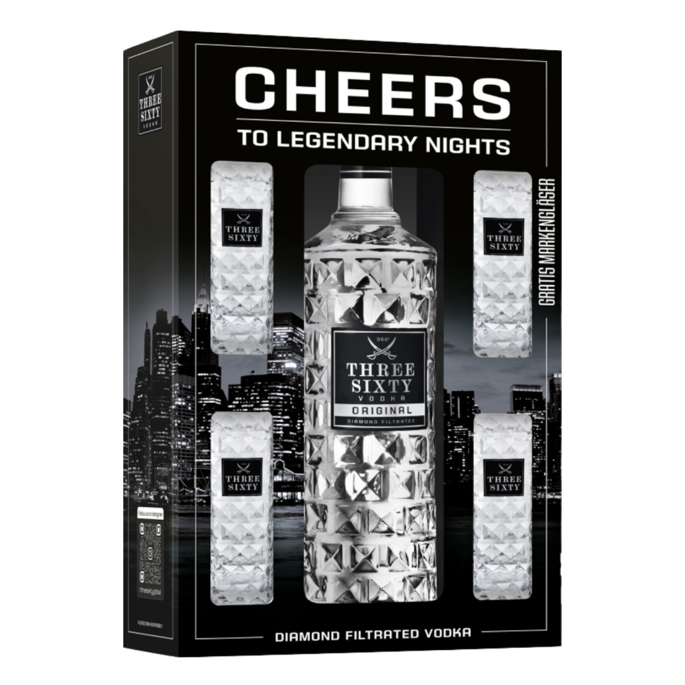 Wódka Three Sixty 37,5% 3000 ml + 4 szklanki