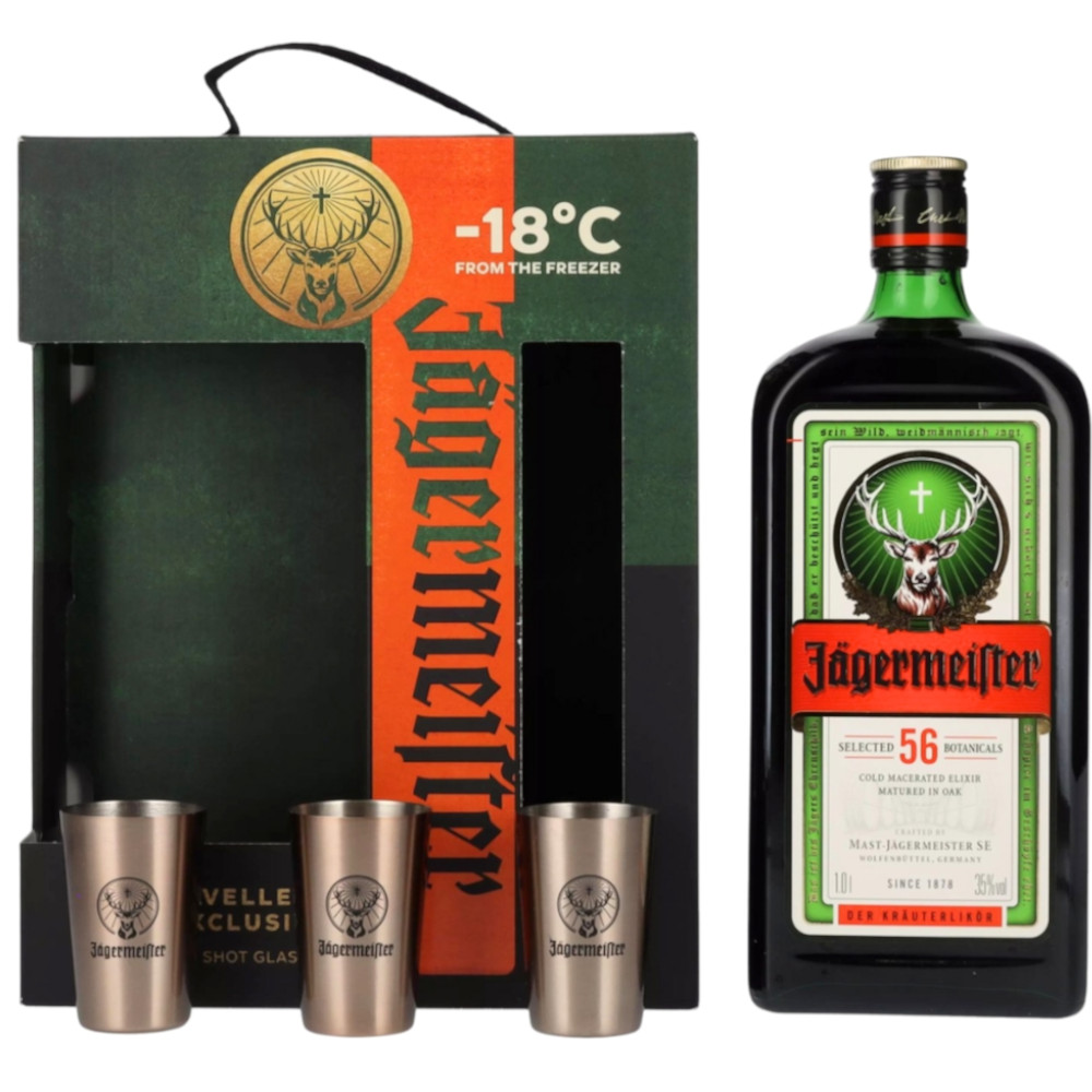 Likier Jagermeister Travellers' Exclusive 35% 1000 ml + 3 metalowe kieliszki