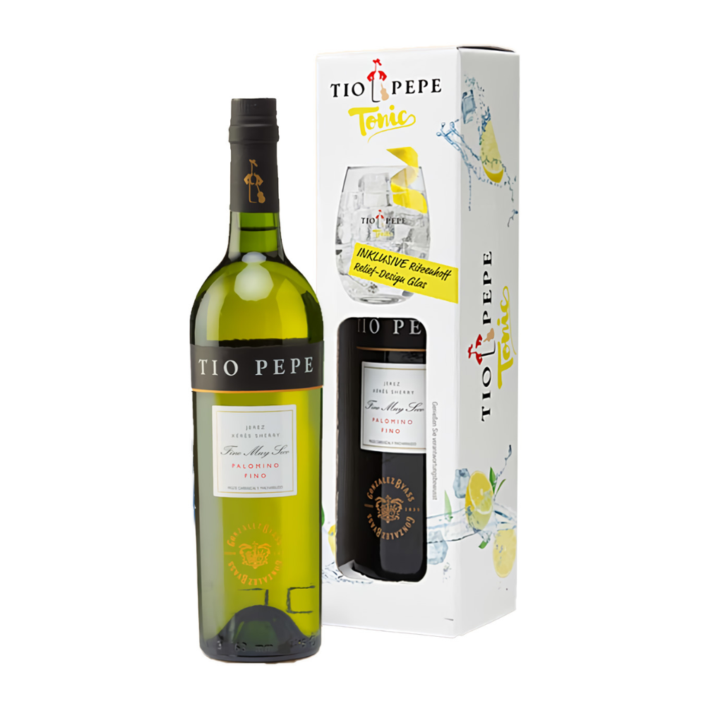 Wino wzmacniane Tio Pepe Palomino Fino 15% białe wytrawne 750 ml + szklanka