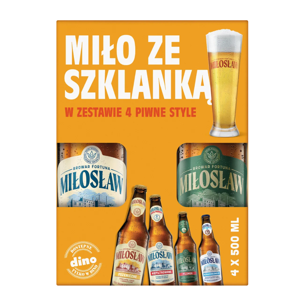 Piwo Miłosław Zestaw 4 x 500 ml + pokal