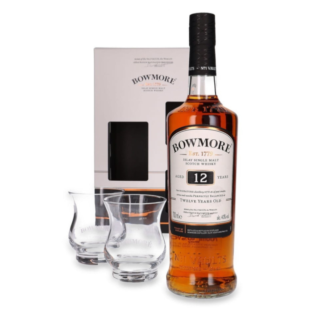Whisky Bowmore 12 YO 40% 700 ml + 2 szklanki