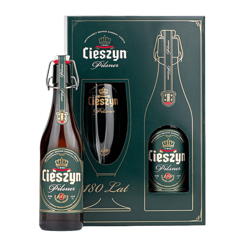 Piwo Cieszyn Pilsner Zestaw Jubileuszowy 180 lat 4,8% 500 ml + pokal