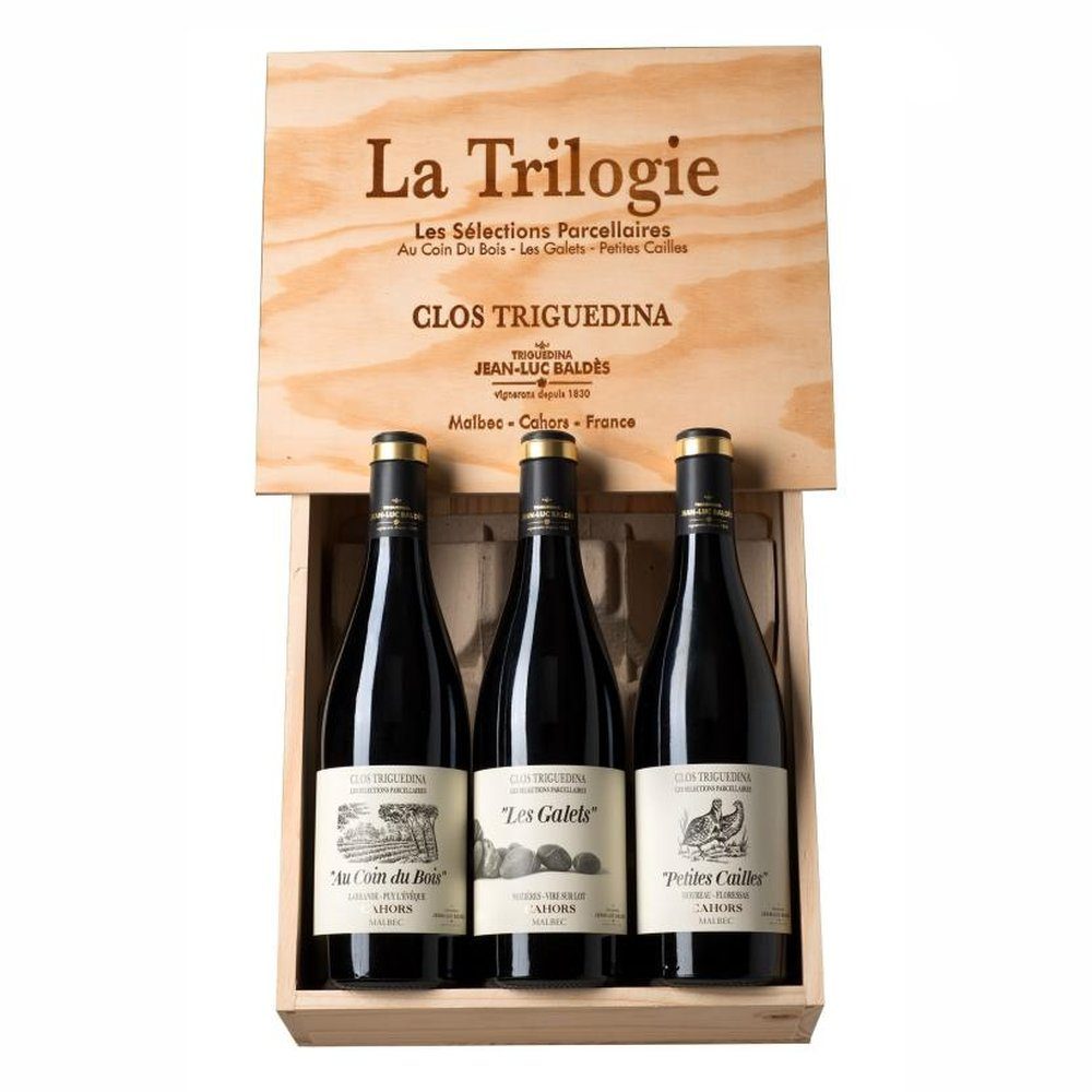 Wino La Trilogie Baldes 3x750 ml 2014 Clos Triguedina drewniana skrzynka