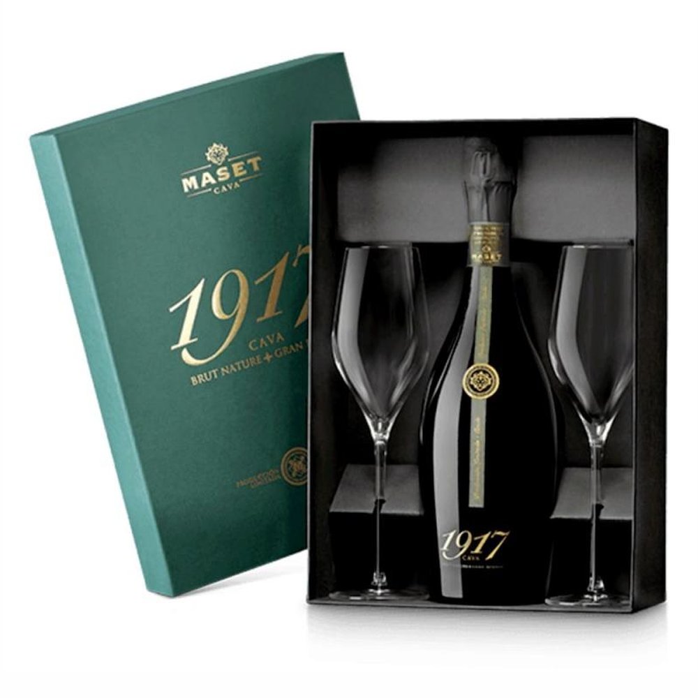 Wino Musujące Gran Reserva Musuj¤ce Cava Maset 1917 Brut Nature + Kieliszki 750 ml giftbox