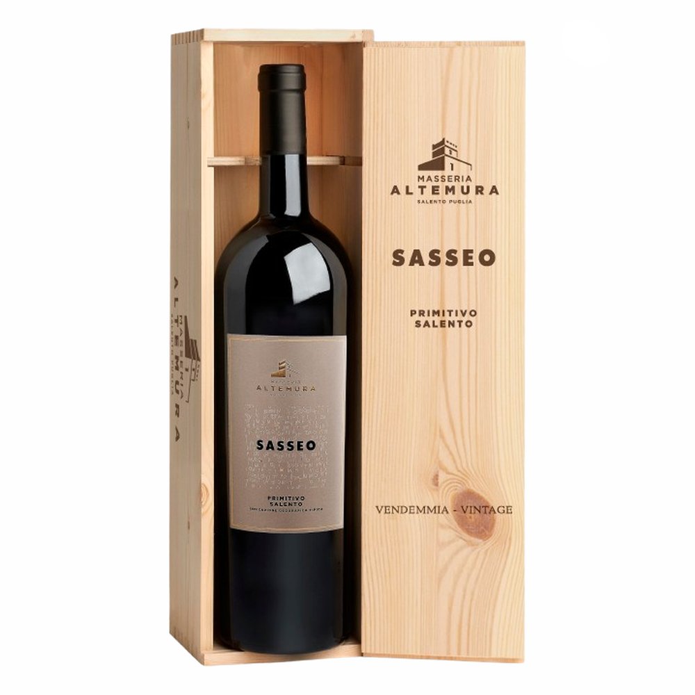 Wino Masseria Altemura Sasseo Primitivo Salento Igt Magnum 1,5 czerwone wytrawne Drewniana Skrzynka