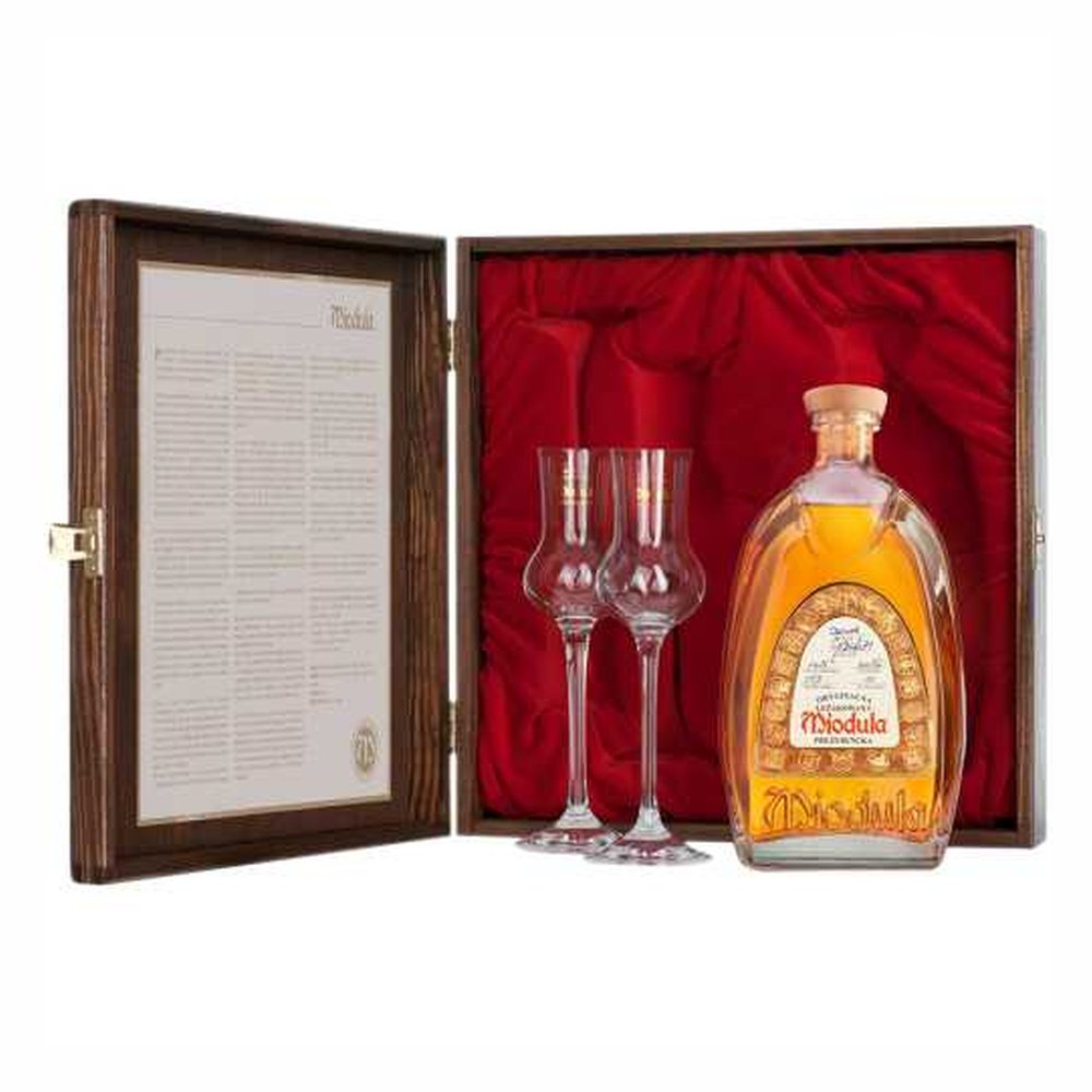 Wódka Miodula Prezydencka Leżakowana + 2 Kieliszki W Drewnianej Skrzynce 40% 500 ml