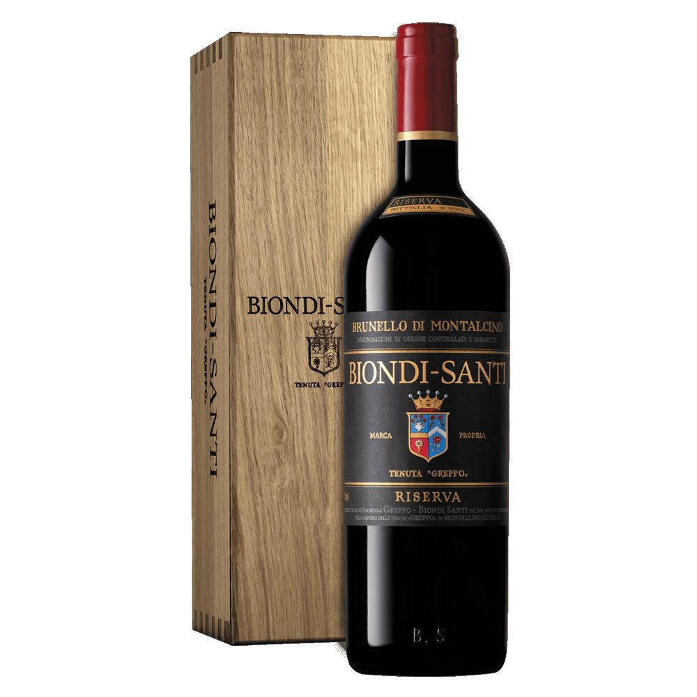 Wino Biondi-Santi Brunello di Montalcino Riserva 2012 13% czerwone wytrawne 750 ml w drewnianej skrzynce
