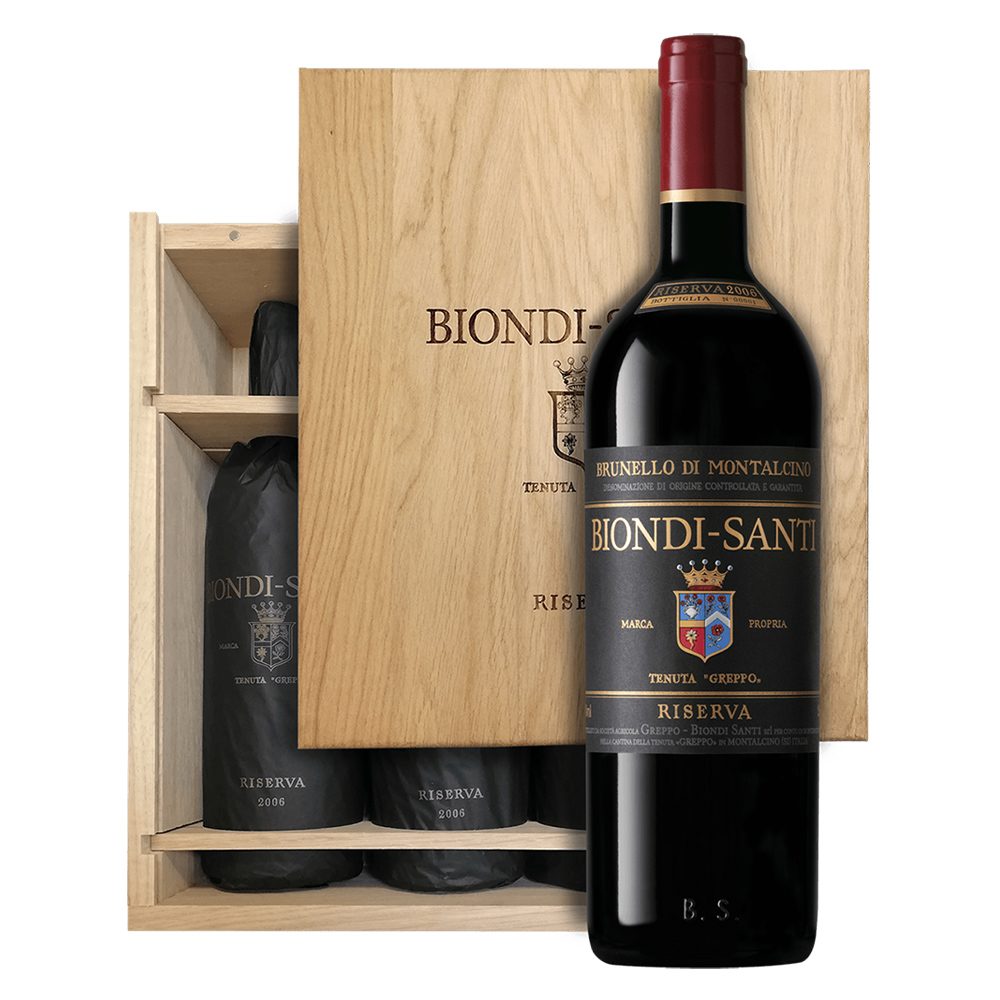 Wino Biondi-Santi Brunello di Montalcino Riserva 2013 13% czerwone wytrawne 750 ml 3 butelki w drewnianej skrzynce