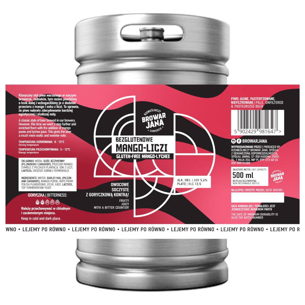 Piwo Browar Jana Bezglutenowe Jasne Pełne mango liczi 5,6% 30 l KEG
