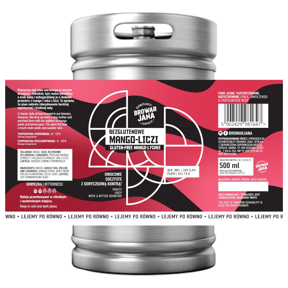 Piwo Browar Jana Bezglutenowe Jasne Pełne mango liczi 5,6% 30 l KEG