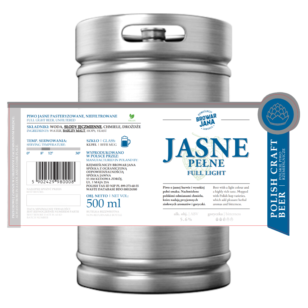 Piwo Browar Jana Jasne pełne 5,6% 30 L Keg
