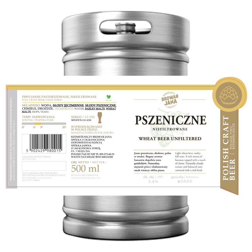 Piwo Browar Jana Pszeniczne Niefiltrowane 5,6% 30 L Keg