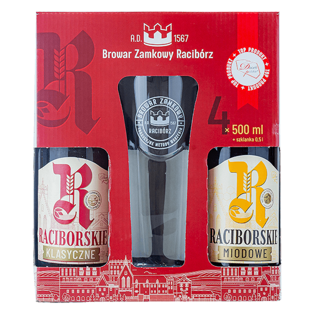 Piwo Raciborskie Zestaw 4 x 500 ml + Szklanka