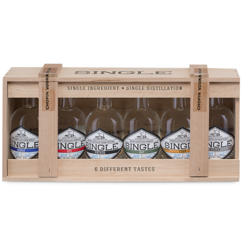 Wódka Zestaw Miniaturek Młody Ziemniak w drewnianej skrzynce 40% 6 x 50 ml