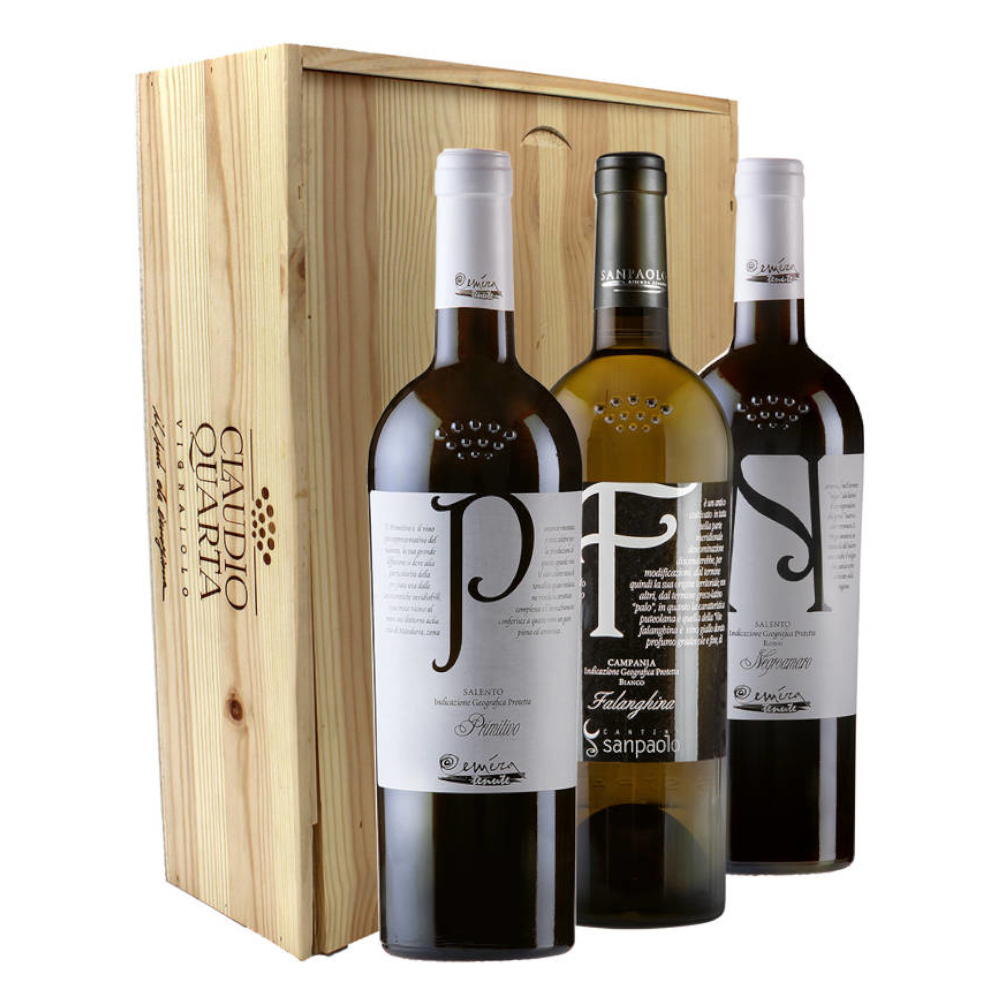 Wino Celebration Falanghina, Celebration Negroamaro i Celebration Primitivo 3x 750 ml w drewnianej skrzynce