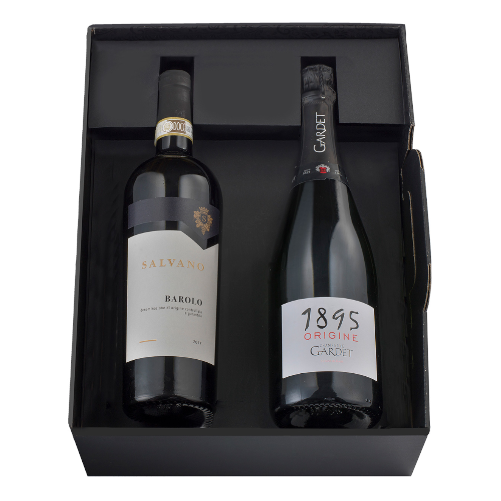 Wino I due Re - Gardet Origine Champagne AOC 1895 i Salvani Barolo DOCG 2017 w eleganckim pudełku