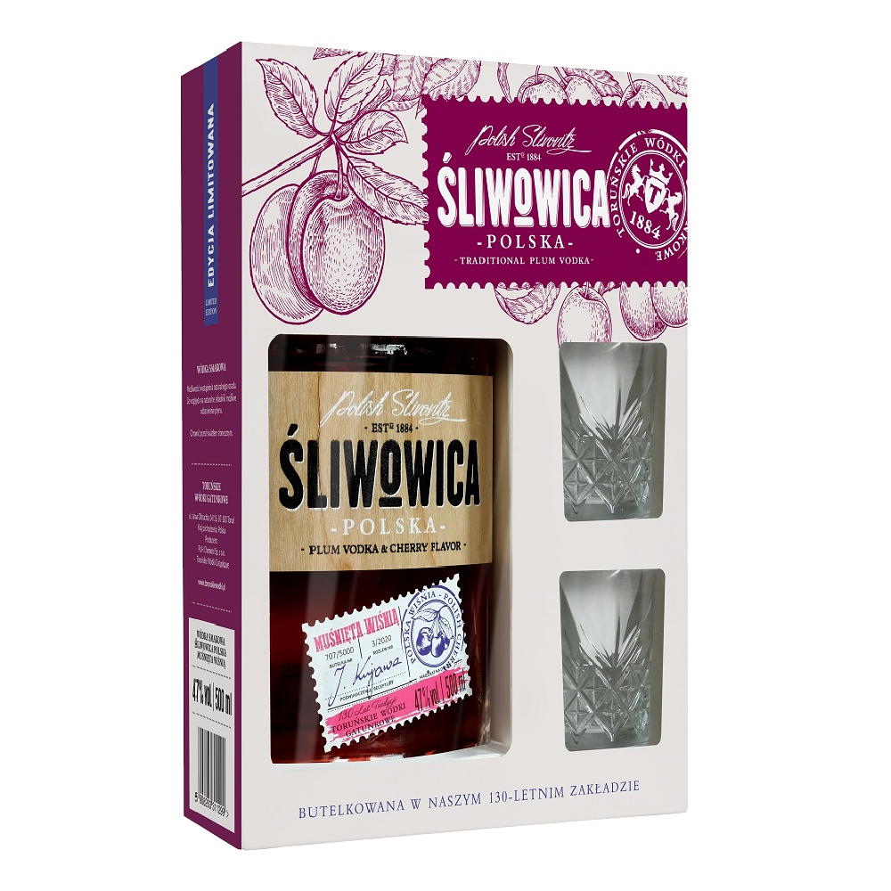 Wódka Śliwowica Polska Muśnięta Wiśnią 47% 500 ml + 2 szklanki