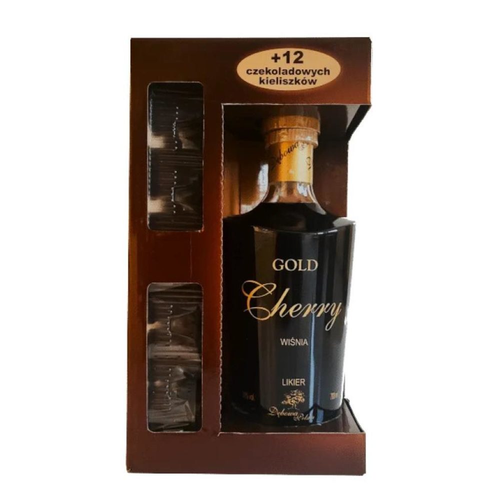 Likier Dębowa Polska Gold Wiśniowy 20% 700 ml kartonik + 12 czekoladowych kieliszków