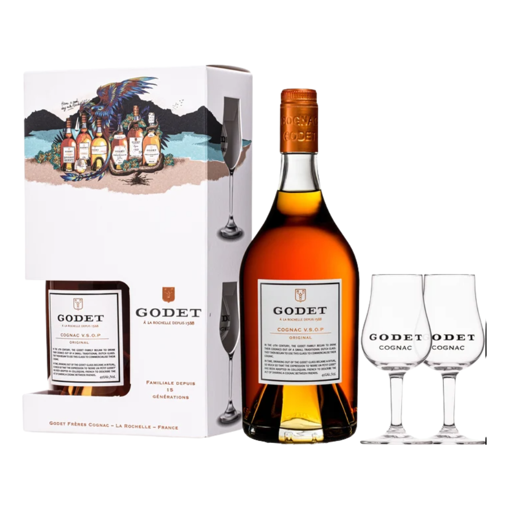 Koniak Godet VSOP 40% 700 ml + 2 kieliszki kartonik