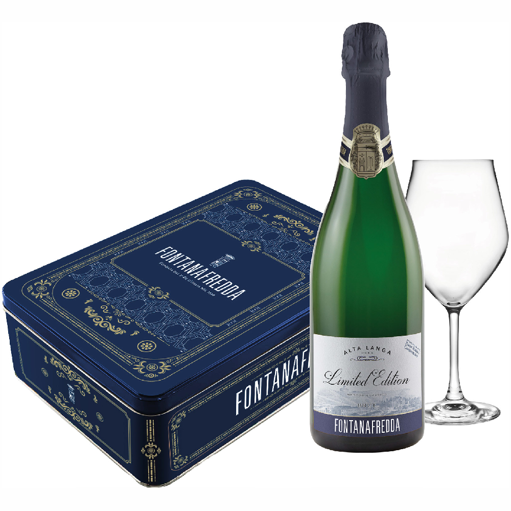 Wino Fontanafredda Alta Langa Brut 12,5% białe wytrawne 750 ml + kieliszek i metalowa puszka