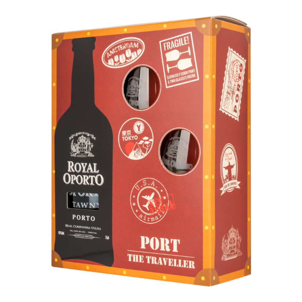 Wino wzmacniane Royal Oporto Tawny Porto THE TRAVELLER 19% czerwone słodkie 750 ml + 2 kieliszki