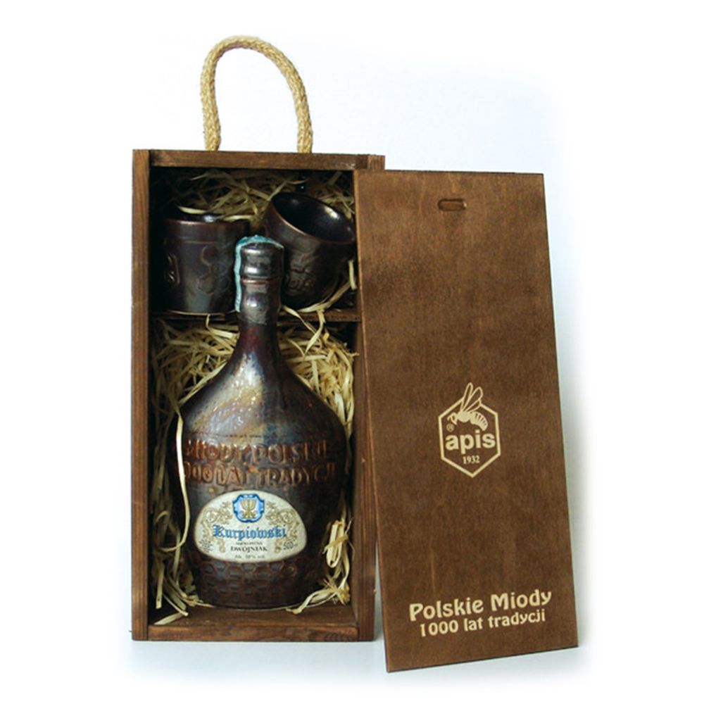 Miód Pitny Kurpiowski w skrzynce ciemnej + kamionka i czarki 16% 500 ml