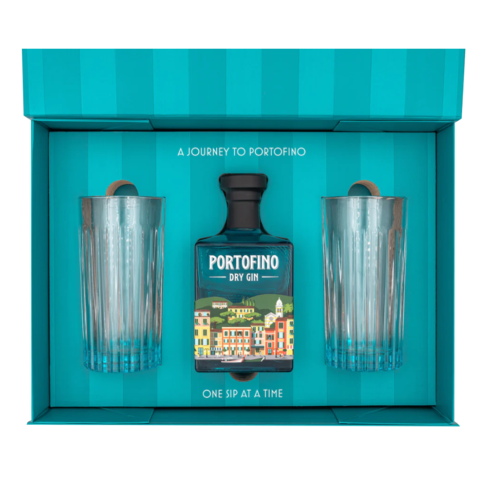 Gin Portofino Dry Ocean Blue 43% 500 ml + 2 szklanki long