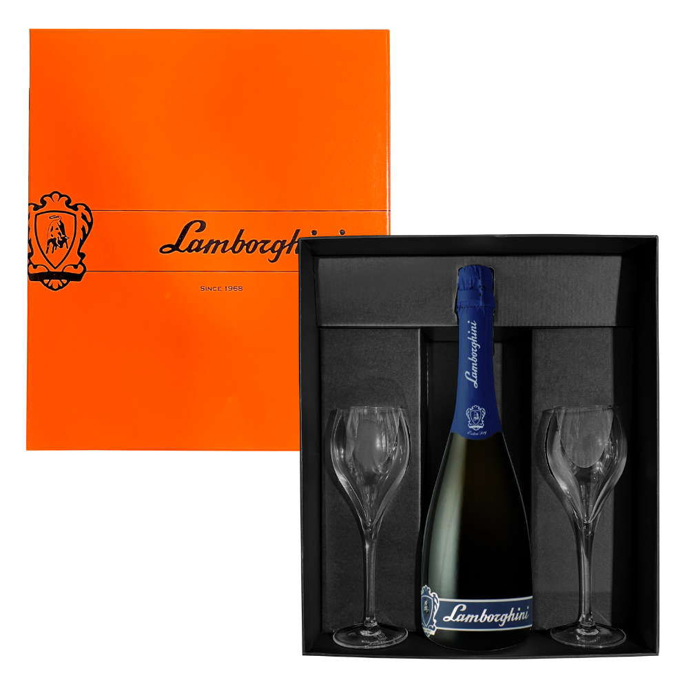 Wino musujące Lamborghini Extra Dry Prosecco D.O.C. Trevis 11% 750 ml + 2 szklanki wariant pomarańczowy