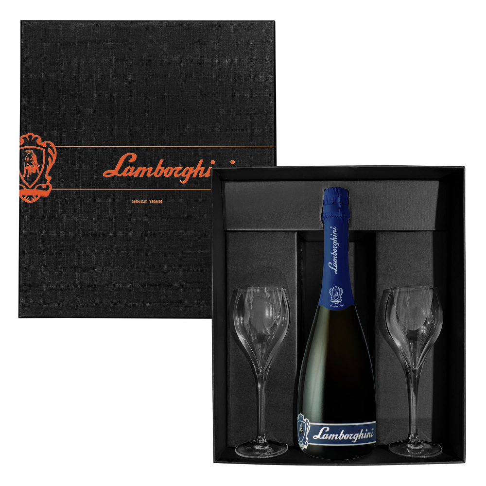 Wino musujące Lamborghini Extra Dry Prosecco D.O.C. Trevis 11% 750 ml + 2 szklanki wariant czarny