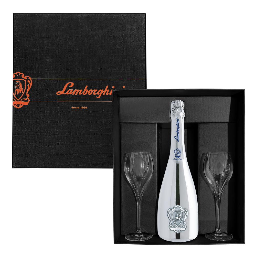 Wino musujące Lamborghini Extra Dry Prosecco D.O.C. Treviso Silver 11% 750 ml + 2 szklanki