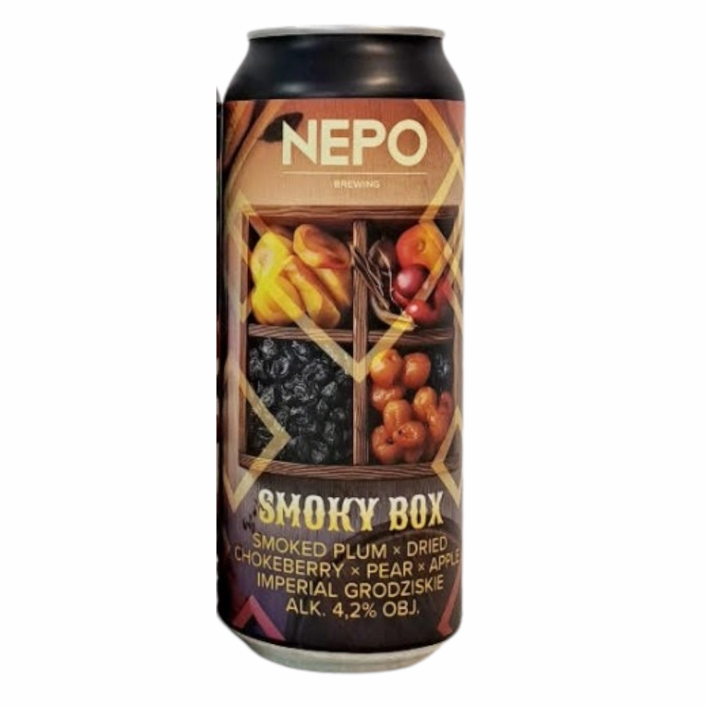 Piwo Nepomucen Smoky Box - Smoked Plum, Dried Chokeberry, Pear, Apple Imperial Grodziskie 4,2% 500 ml puszka