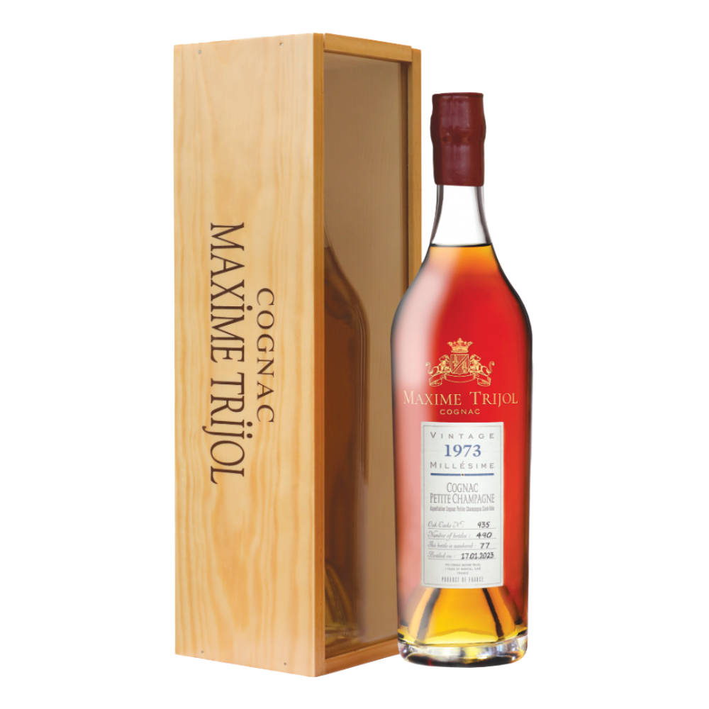 Koniak Maxime Trijol Petite Champagne,  Millesime 1973 44% 700 ml kartonik
