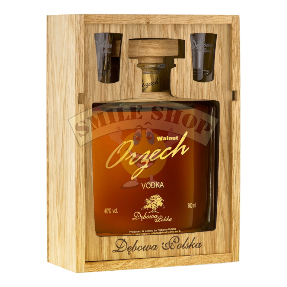 Wódka Dębowa Polska Orzech 40% 700 ml Zasuwana Skrzynka  + 2 Kieliszki
