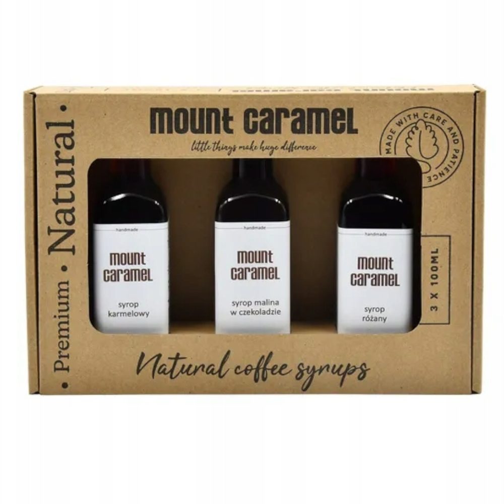 Syropy Zestaw Mount Caramel Malina w Czekoladzie, Róża, Karmel 3 x 100 ml