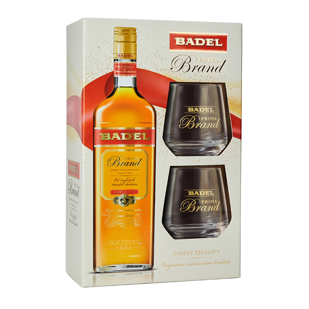 Brandy Badel Prima Brand 35% 700 ml + 2 szklanki