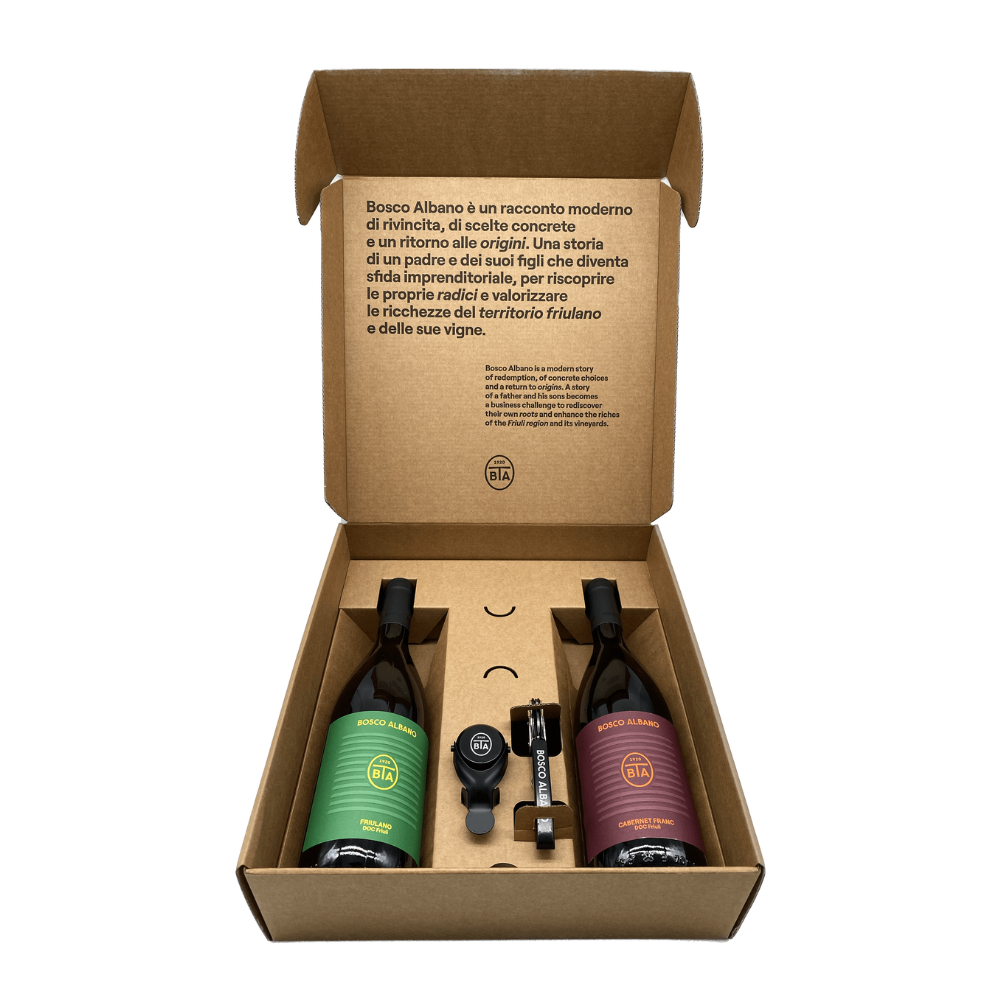 Wino Bosco Albano Friulano 750 ml + Bosco Albano Cabernet Franc 750 ml + akcesoria