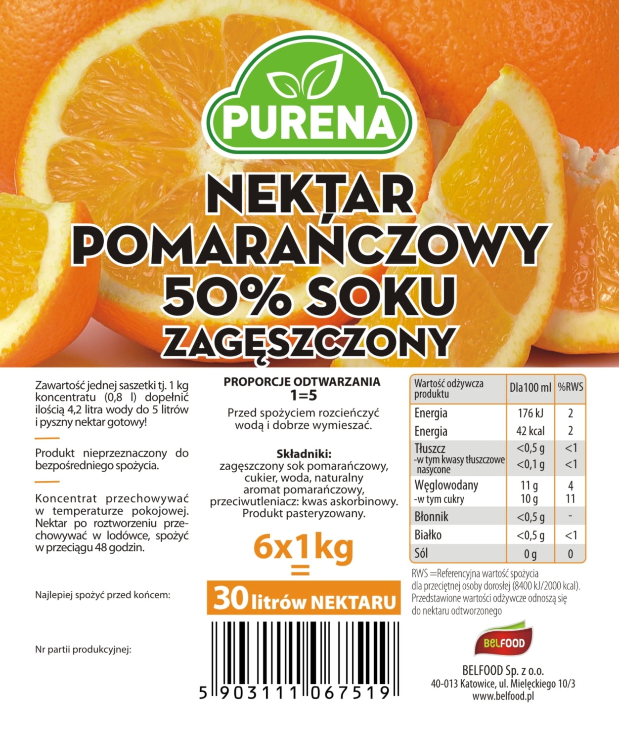 Zagęszczony nektar 50% pomarańczowy 6kg BIB