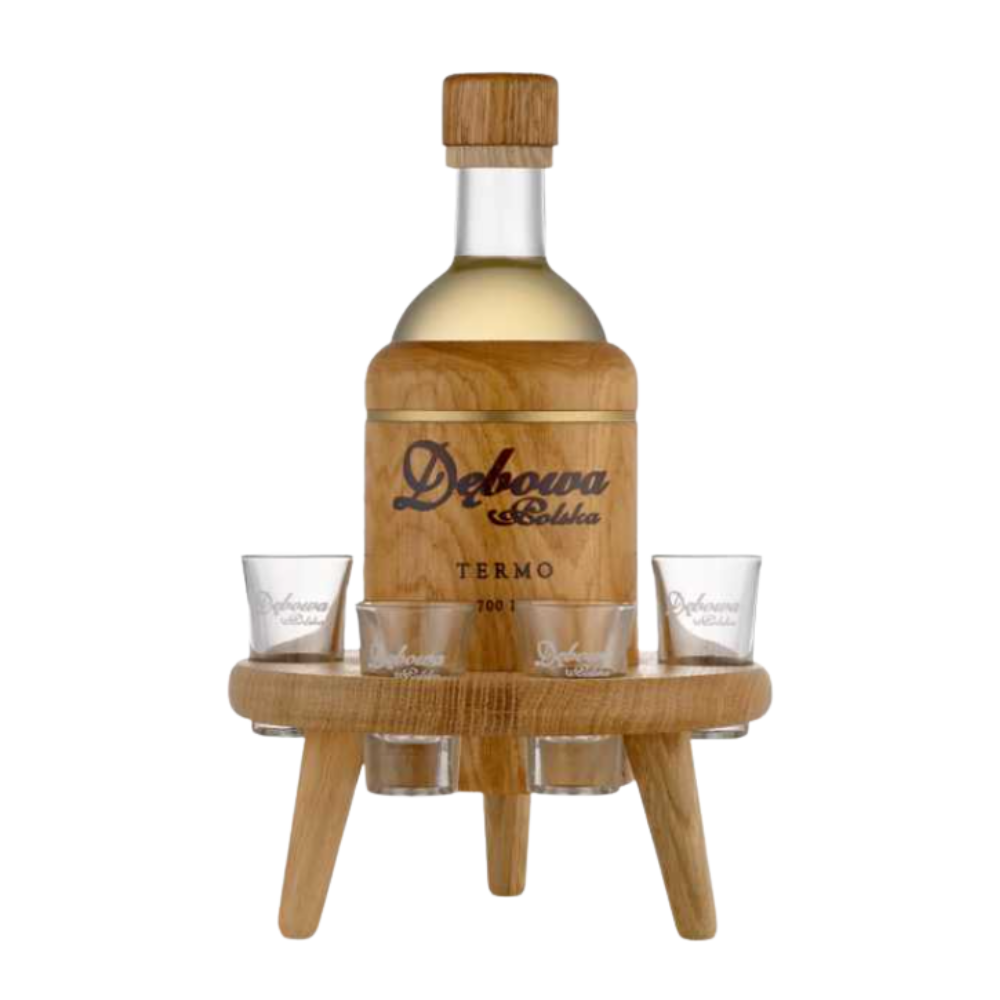 Likier Dębowa Polska Cytrynówka Stolik dębowy Termo 30% 700 ml + 4 kieliszki