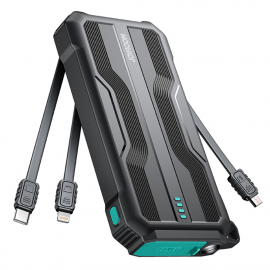 Pancerny powerbank 10000mAh outdoor z kablami USB-C microUSB Lightning i latarką - czarny